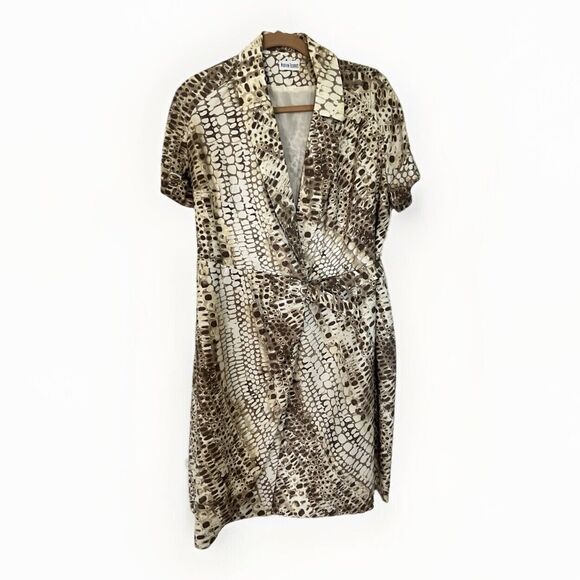Marvin Richards Mock Wrap Dress Size 12 Animal Print Tan White Ruched Belt - Picture 1 of 6